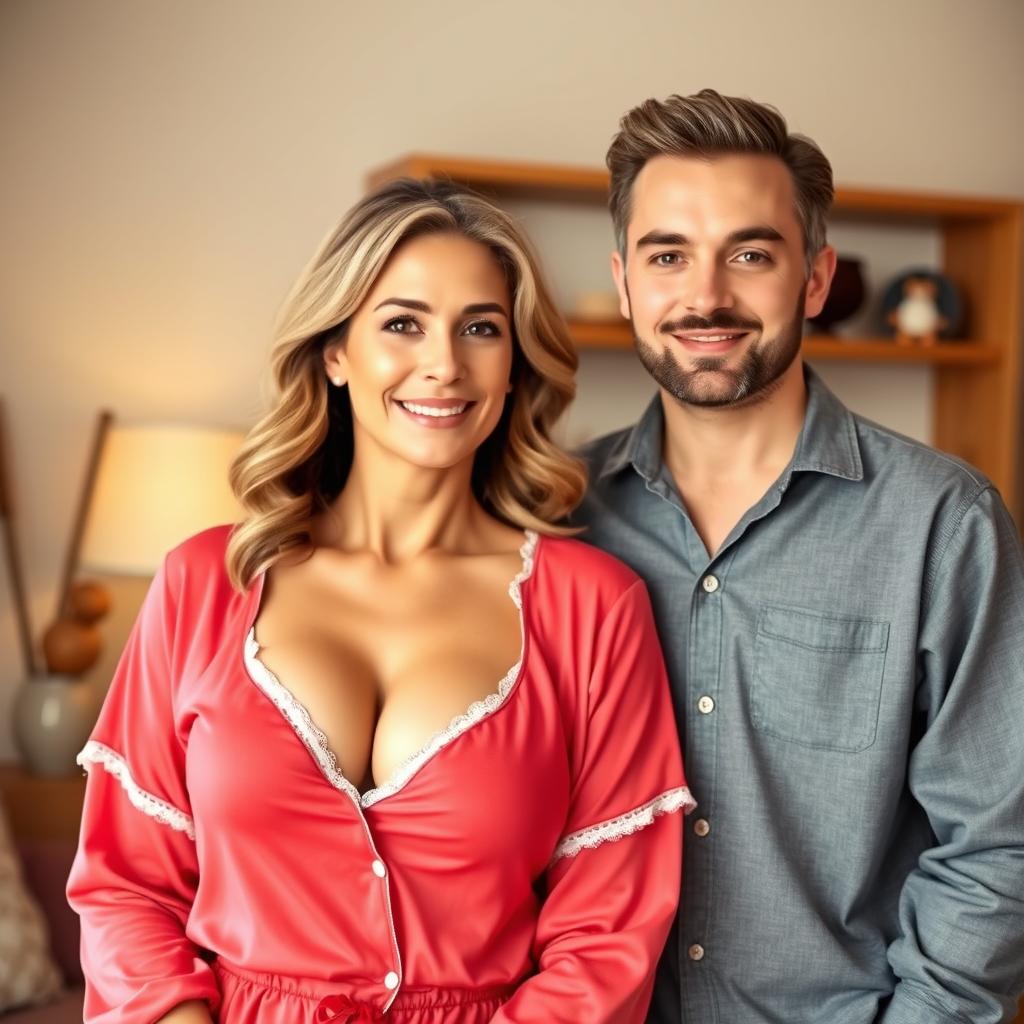 A stunningly beautiful woman in her 40s with an attractive large bosom, wearing a red sleepwear outfit