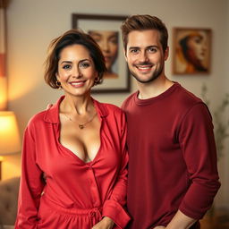 A stunningly beautiful woman in her 40s with an attractive large bosom, wearing a red sleepwear outfit