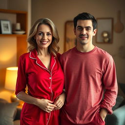 A stunningly beautiful woman in her 40s with an attractive large bosom, wearing a red sleepwear outfit