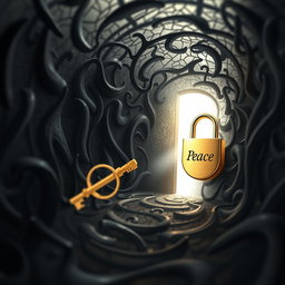 A golden key flying through a labyrinth made of swirling dark thoughts, intricate and complex with abstract shapes and patterns representing negativity