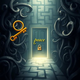A golden key flying through a labyrinth made of swirling dark thoughts, intricate and complex with abstract shapes and patterns representing negativity