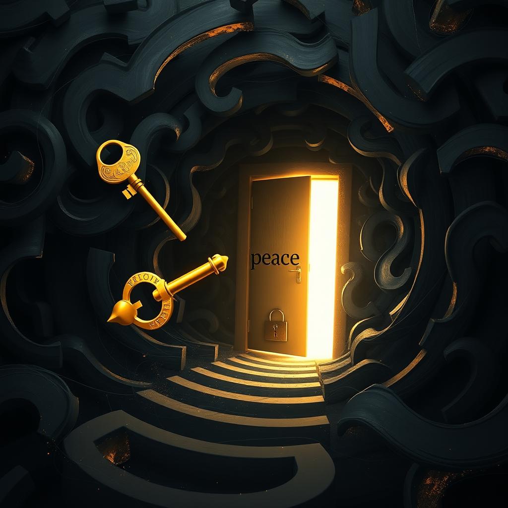 A golden key flying through a labyrinth made of swirling dark thoughts, intricate and complex with abstract shapes and patterns representing negativity