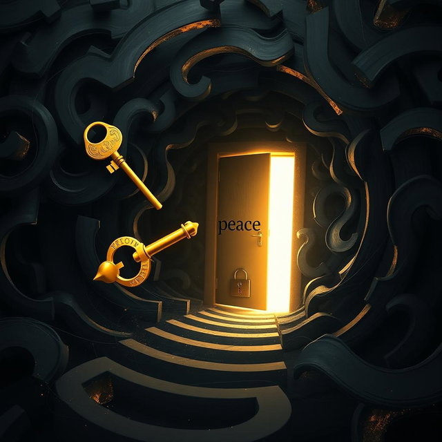 A golden key flying through a labyrinth made of swirling dark thoughts, intricate and complex with abstract shapes and patterns representing negativity