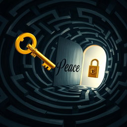 A golden key flying through a labyrinth made of swirling dark thoughts, intricate and complex with abstract shapes and patterns representing negativity