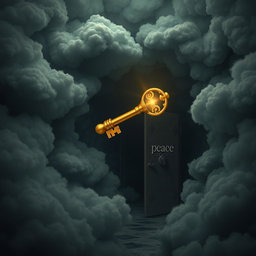 A golden key flying through a maze made of negative thoughts represented as dark, swirling clouds