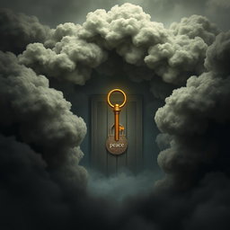 A golden key flying through a maze made of negative thoughts represented as dark, swirling clouds