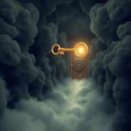 A golden key flying through a maze made of negative thoughts represented as dark, swirling clouds