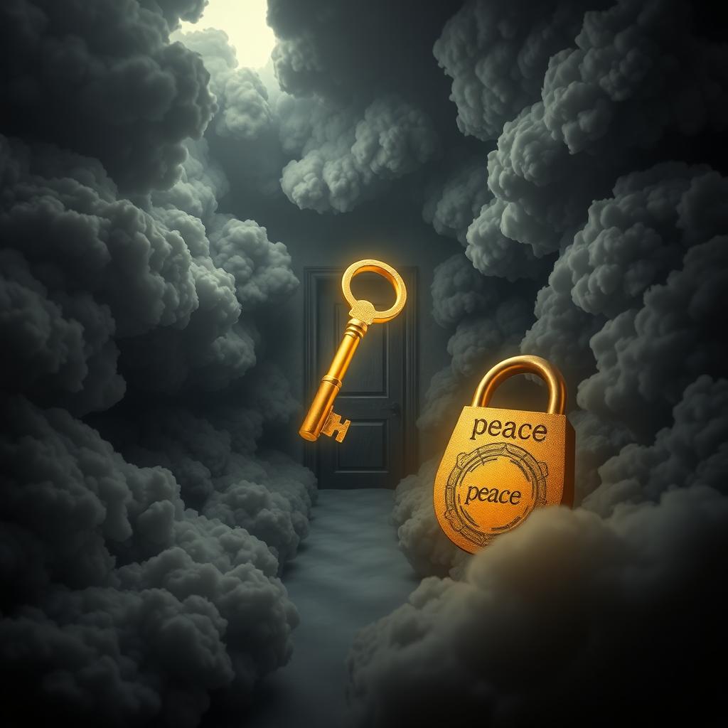 A golden key flying through a maze made of negative thoughts represented as dark, swirling clouds