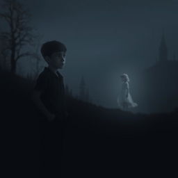 A melancholic scene featuring a sad boy standing in a dark environment, gazing longingly at a distant girl who is softly illuminated
