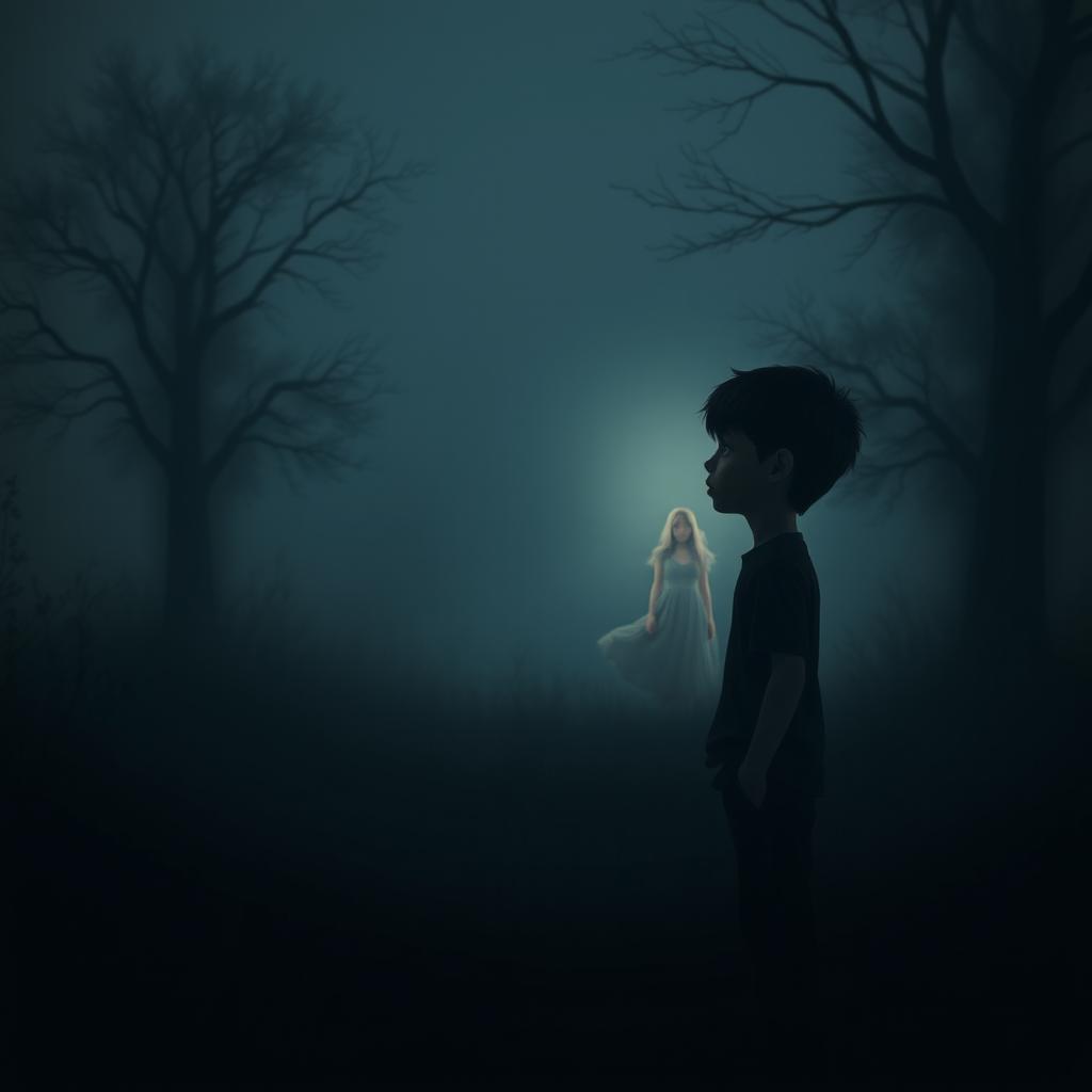 A melancholic scene featuring a sad boy standing in a dark environment, gazing longingly at a distant girl who is softly illuminated