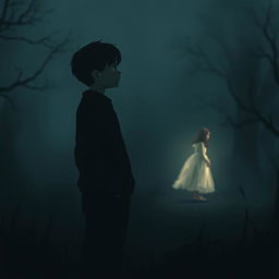 A melancholic scene featuring a sad boy standing in a dark environment, gazing longingly at a distant girl who is softly illuminated