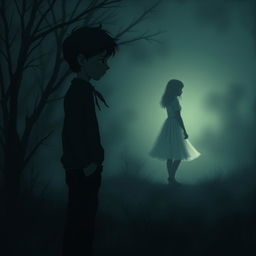 A melancholic scene featuring a sad boy standing in a dark environment, gazing longingly at a distant girl who is softly illuminated