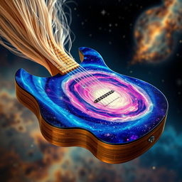 A surreal and imaginative guitar, featuring strings made from delicate human hair that drape elegantly, shimmering in light