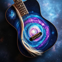 A surreal and imaginative guitar, featuring strings made from delicate human hair that drape elegantly, shimmering in light