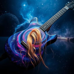 A surreal and imaginative guitar, featuring strings made from delicate human hair that drape elegantly, shimmering in light