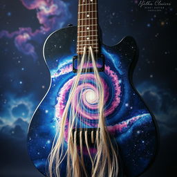 A surreal and imaginative guitar, featuring strings made from delicate human hair that drape elegantly, shimmering in light