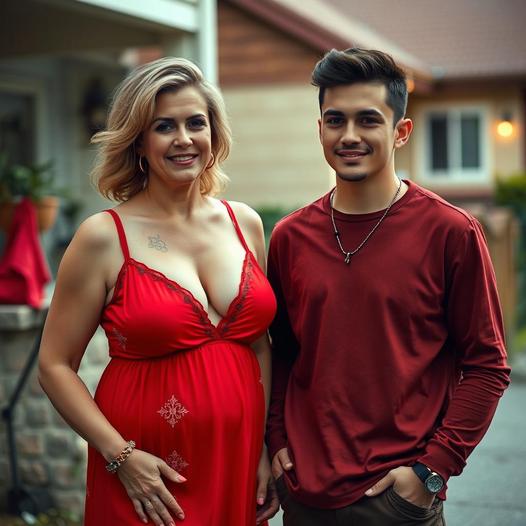A strikingly beautiful 40-year-old woman with very large breasts, wearing a vibrant red nightgown that emphasizes her curves
