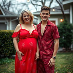 A strikingly beautiful 40-year-old woman with very large breasts, wearing a vibrant red nightgown that emphasizes her curves
