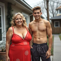 A strikingly beautiful 40-year-old woman with very large breasts, wearing a vibrant red nightgown that emphasizes her curves