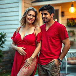 A strikingly beautiful 40-year-old woman with very large breasts, wearing a vibrant red nightgown that emphasizes her curves