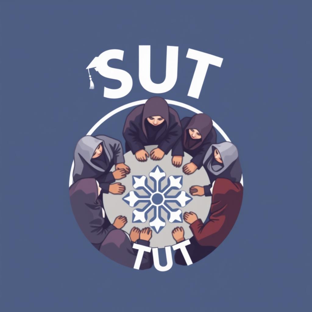 A logo design for a student channel featuring several male and female students wearing hijabs gathered around a table