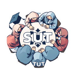 A logo design for a student channel featuring several male and female students wearing hijabs gathered around a table
