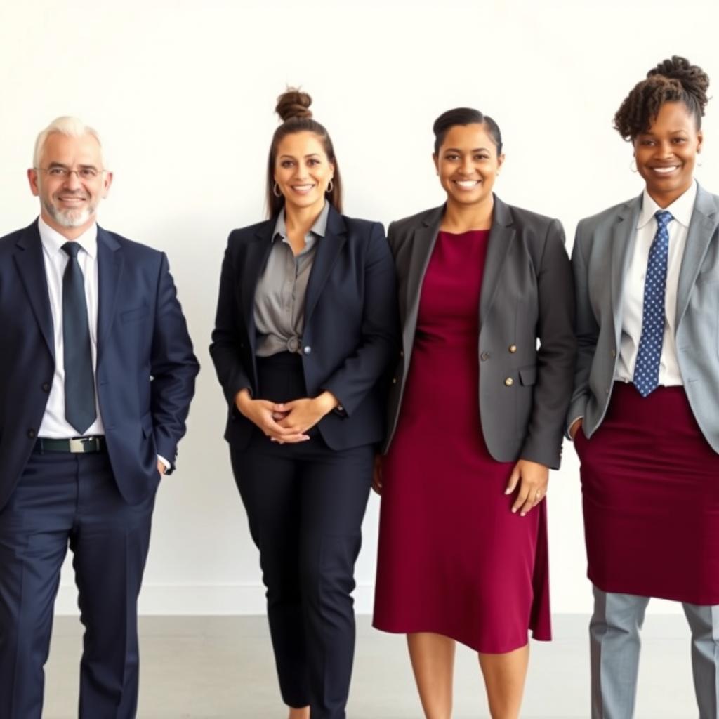 A group of four diverse business professionals standing together in a well-lit office space