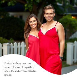 A beautiful 40-year-old woman with large breasts, wearing a striking red nightgown