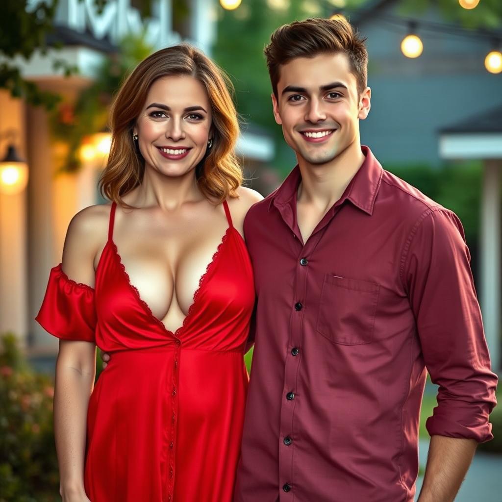 A beautiful 40-year-old woman with large breasts, wearing a striking red nightgown