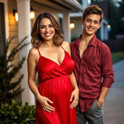 A beautiful 40-year-old woman with large breasts, wearing a striking red nightgown