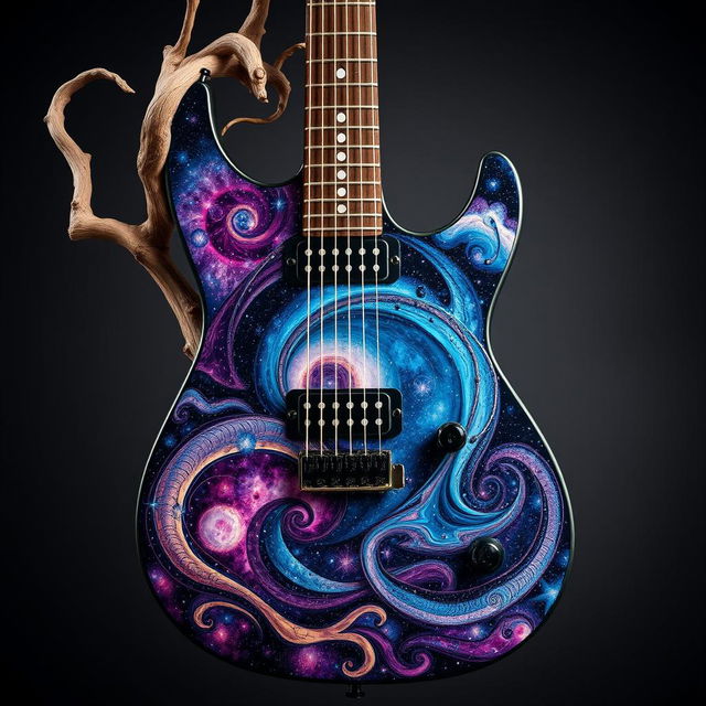 A beautiful guitar with an intricate body designed to resemble a galaxy, featuring swirling stars and nebulae in vibrant colors such as deep blues, purples, and hints of pink