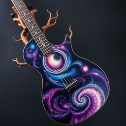 A beautiful guitar with an intricate body designed to resemble a galaxy, featuring swirling stars and nebulae in vibrant colors such as deep blues, purples, and hints of pink