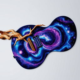 A beautiful guitar with an intricate body designed to resemble a galaxy, featuring swirling stars and nebulae in vibrant colors such as deep blues, purples, and hints of pink