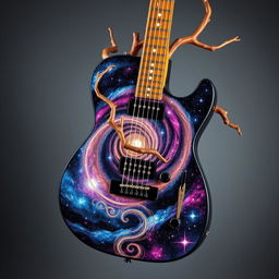 A beautiful guitar with an intricate body designed to resemble a galaxy, featuring swirling stars and nebulae in vibrant colors such as deep blues, purples, and hints of pink