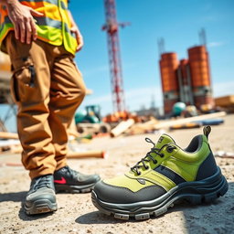 A construction worker wearing safety shoes, standing confidently on a construction site
