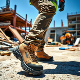 A construction worker wearing safety shoes, standing confidently on a construction site
