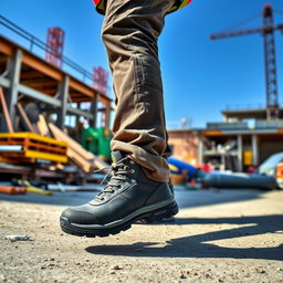 A construction worker wearing safety shoes, standing confidently on a construction site