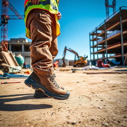 A construction worker wearing safety shoes, standing confidently on a construction site