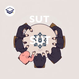 A logo design for a student channel, featuring several male and female students wearing hijabs sitting around a table