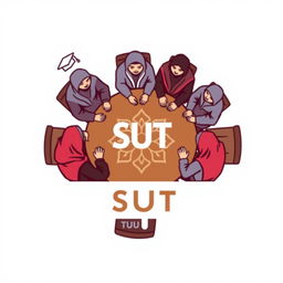 A logo design for a student channel, featuring several male and female students wearing hijabs sitting around a table