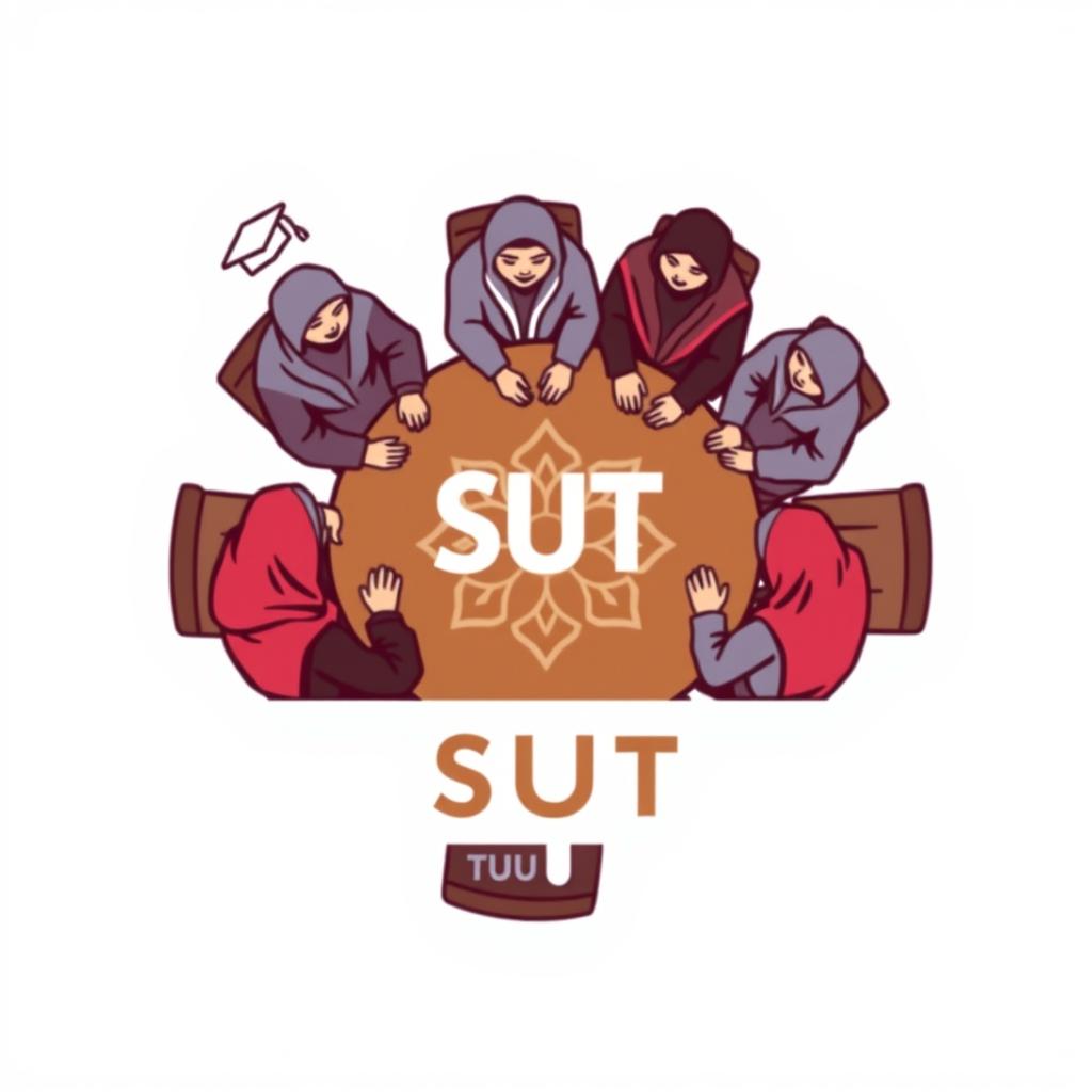 A logo design for a student channel, featuring several male and female students wearing hijabs sitting around a table