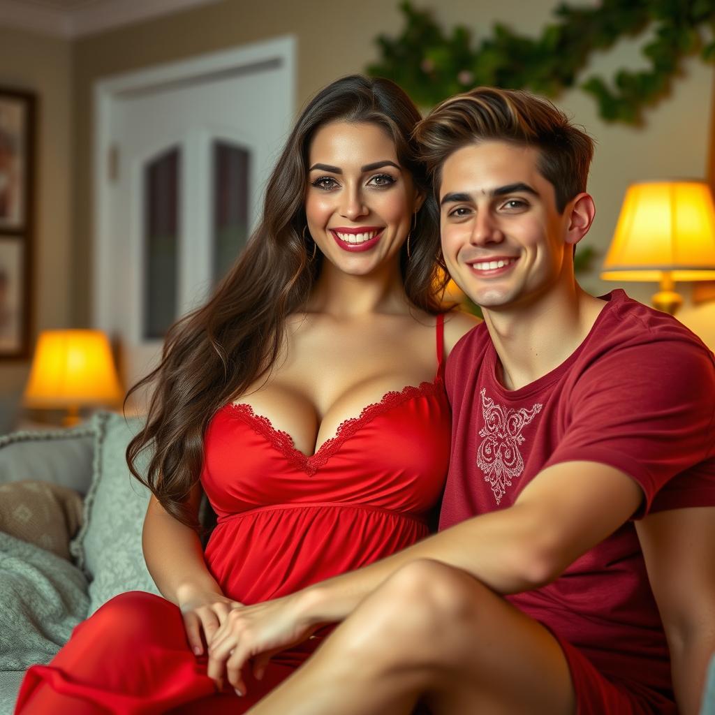 A beautiful 30-year-old woman with large breasts, wearing a striking red nightgown