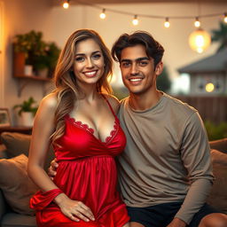 A beautiful 30-year-old woman with large breasts, wearing a striking red nightgown