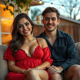 A beautiful 30-year-old woman with large breasts, wearing a striking red nightgown