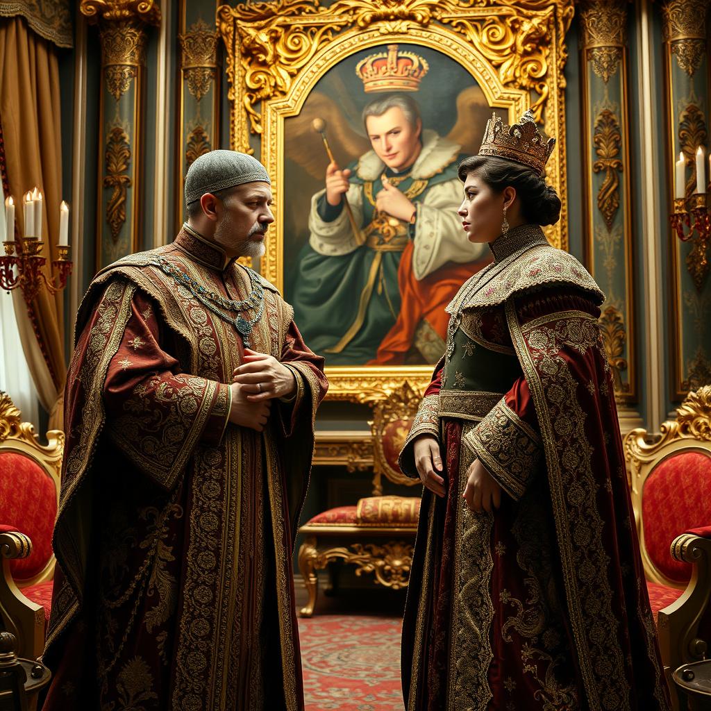 A dramatic scene featuring a royal family engaged in a passionate argument inside an opulent room adorned with luxurious furnishings