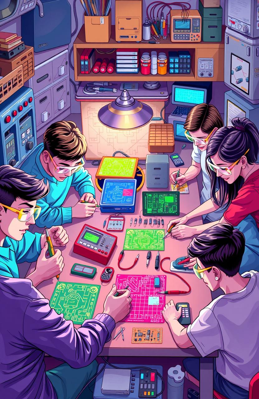 A detailed and colorful illustration showcasing the fundamental skills of electronics