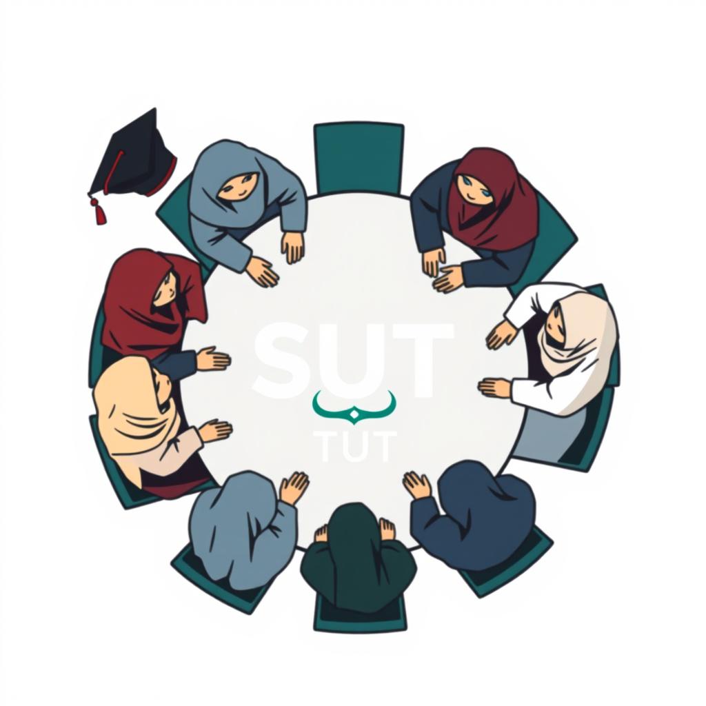 A logo design featuring several male and female students wearing hijabs sitting around a round table