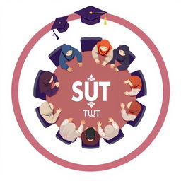 A logo design featuring several male and female students wearing hijabs sitting around a round table