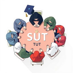 A logo design featuring several male and female students wearing hijabs sitting around a round table