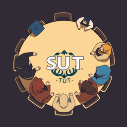 A logo design featuring several male and female students wearing hijabs sitting around a round table